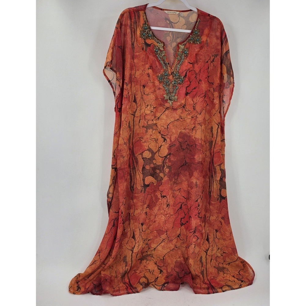 Soft Surroundings Kaftan Maxi Dress Womens S/M Orange Batik Beaded Boho Sheer